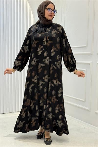 Büyük Beden Modern Desenli Uzun Tesettür Elbise Desenli OTW9377