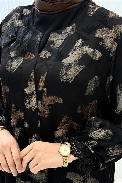 Büyük Beden Modern Desenli Uzun Tesettür Elbise Desenli OTW9377