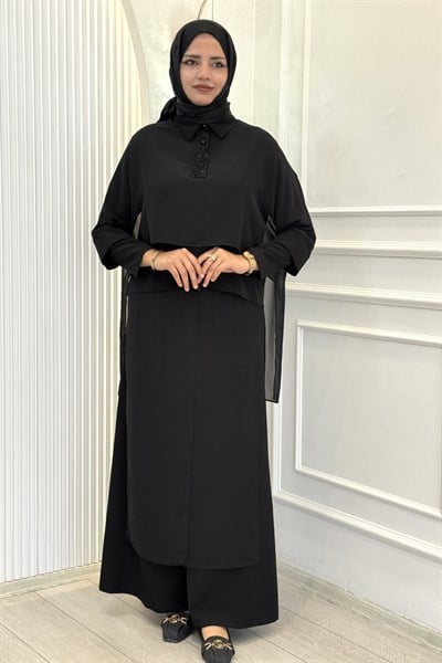 Büyük Beden Modern Kesim Şık Pantolonlu Takım Siyah OTW5057
