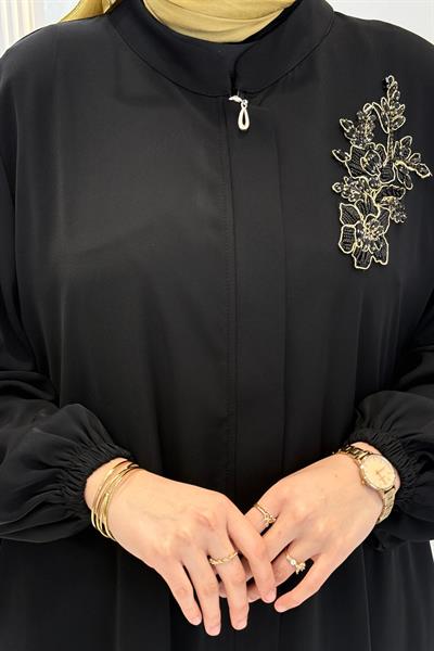 Büyük Beden Nakış Detaylı Ferace Siyah OTW5689