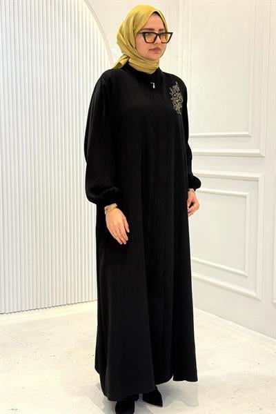 Büyük Beden Nakış Detaylı Ferace Siyah OTW5689