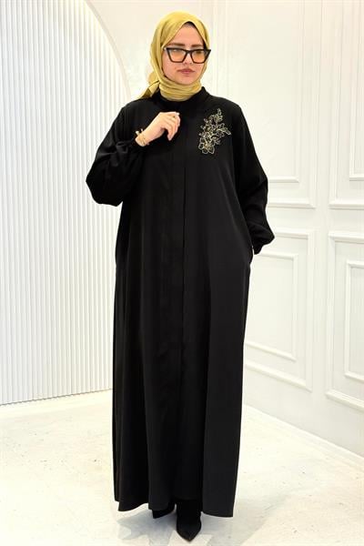 Büyük Beden Nakış Detaylı Ferace Siyah OTW5689