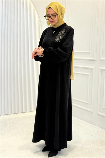 Büyük Beden Nakış Detaylı Ferace Siyah OTW5689