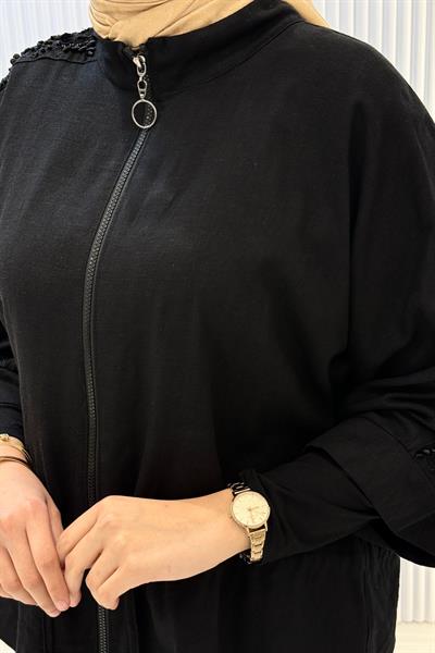 Büyük Beden Nakış Detaylı Fermuarlı Tesettür Takım Siyah OTW9624