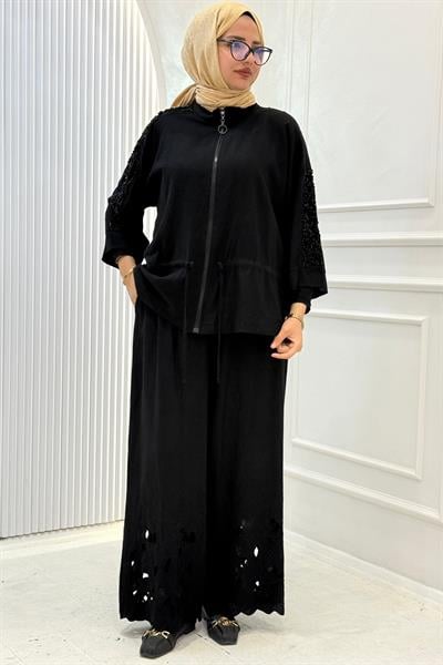 Büyük Beden Nakış Detaylı Fermuarlı Tesettür Takım Siyah OTW9624