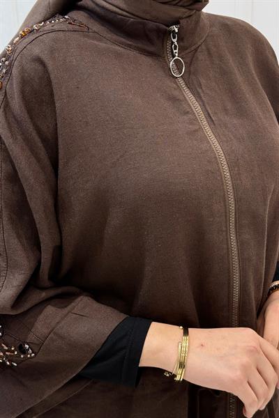 Büyük Beden Nakış Detaylı Fermuarlı Tesettür Takım Kahve OTW9624