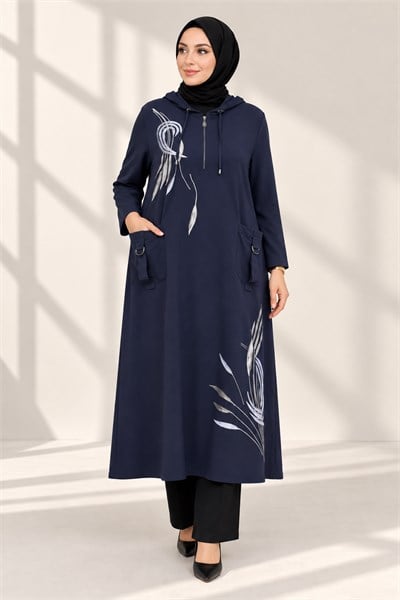 Büyük Beden Nakış Detaylı Kapüşonlu Cotton Tunik Lacivert OTW40238