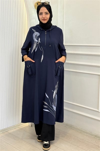 Büyük Beden Nakış Detaylı Kapüşonlu Cotton Tunik Lacivert OTW40238
