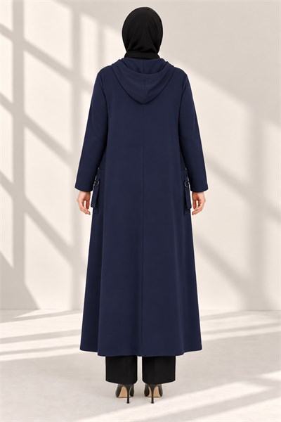 Büyük Beden Nakış Detaylı Kapüşonlu Cotton Tunik Lacivert OTW40238