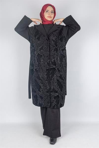 Büyük Beden Nakış Detaylı Tesettür Kaban Siyah OTW9358