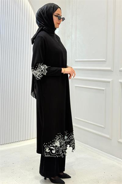 Büyük Beden Nakış Detaylı Uzun Tunik Elbise Siyah OTW4108