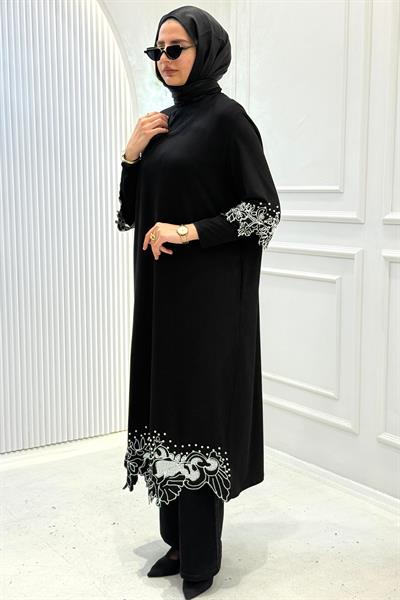 Büyük Beden Nakış Detaylı Uzun Tunik Elbise Siyah OTW4108
