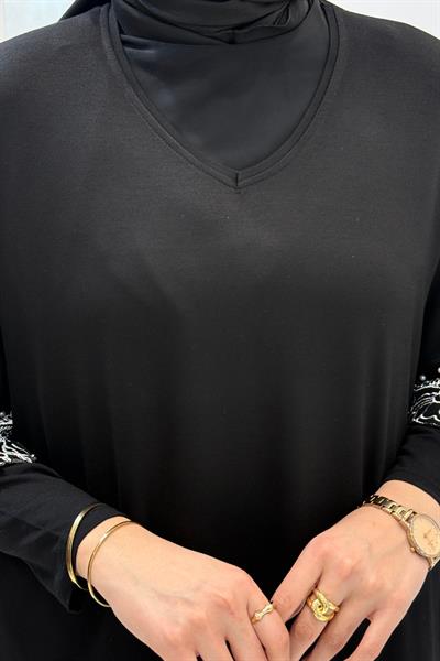 Büyük Beden Nakış Detaylı Uzun Tunik Elbise Siyah OTW4108