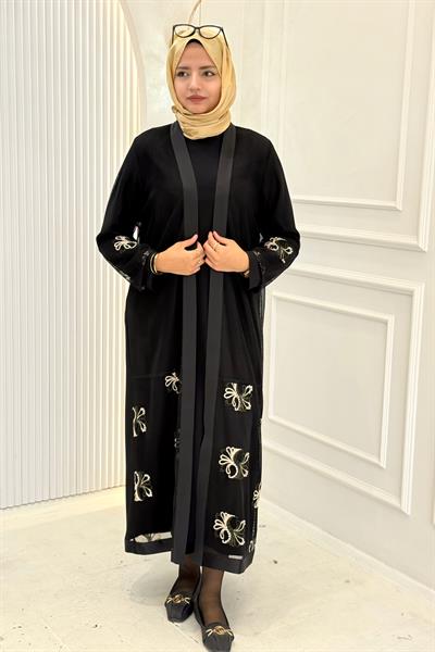 Büyük Beden Nakış İşlemeli File Abaya Takım Siyah OTW26114