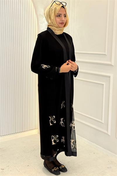 Büyük Beden Nakış İşlemeli File Abaya Takım Siyah OTW26114