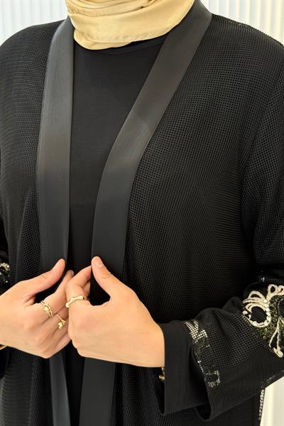 Büyük Beden Nakış İşlemeli File Abaya Takım Siyah OTW26114