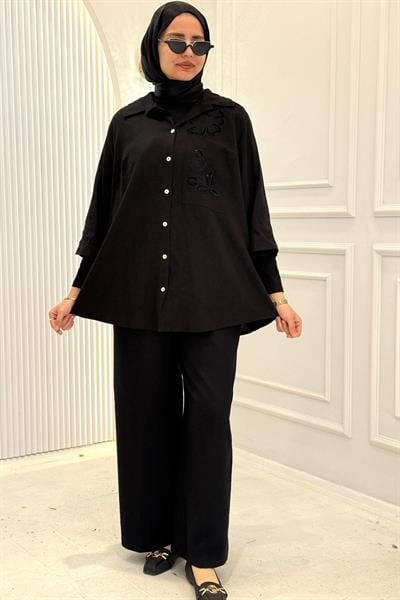 Büyük Beden Nakışlı Keten Tesettür Gömlek Siyah OTW3481