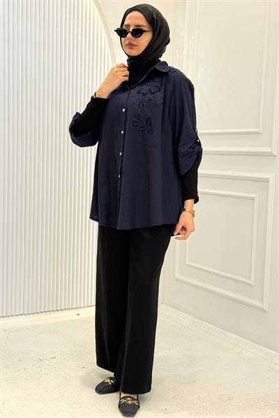 Büyük Beden Nakışlı Keten Tesettür Gömlek Lacivert OTW3481