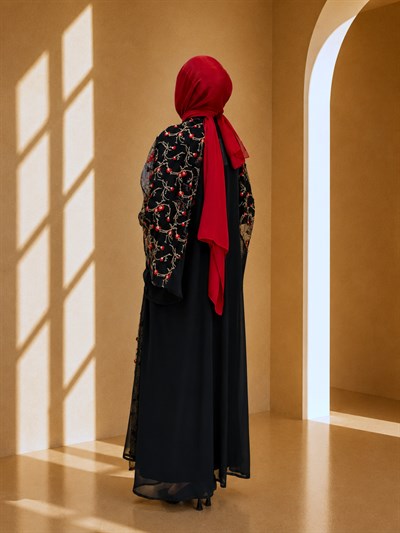 Büyük Beden Nakışlı Şifon Abaya Elbise Siyah-Kırmızı OTW130