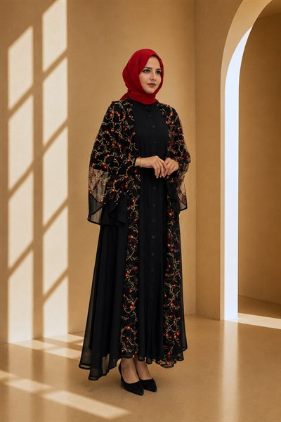 Büyük Beden Nakışlı Şifon Abaya Elbise Siyah-Kırmızı OTW130