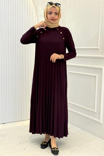 Büyük Beden Omuz Düğme Detaylı Bambu Piliseli Elbise Mürdüm OTW6411