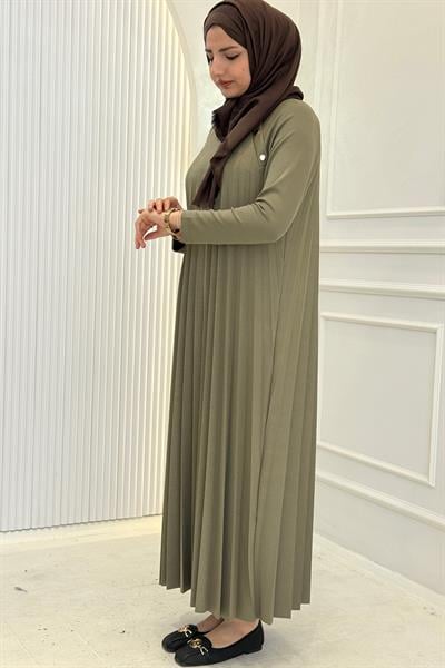 Büyük Beden Omuz Düğme Detaylı Bambu Piliseli Elbise Haki OTW6411