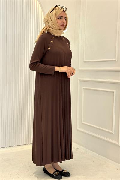 Büyük Beden Omuz Düğme Detaylı Bambu Piliseli Elbise Kahve OTW6411