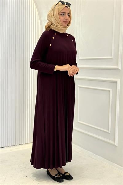 Büyük Beden Omuz Düğme Detaylı Bambu Piliseli Elbise Mürdüm OTW6411