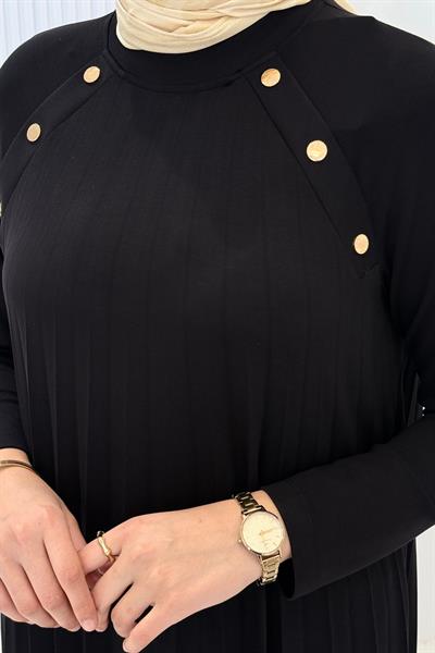 Büyük Beden Omuz Düğme Detaylı Bambu Piliseli Elbise Siyah OTW6411