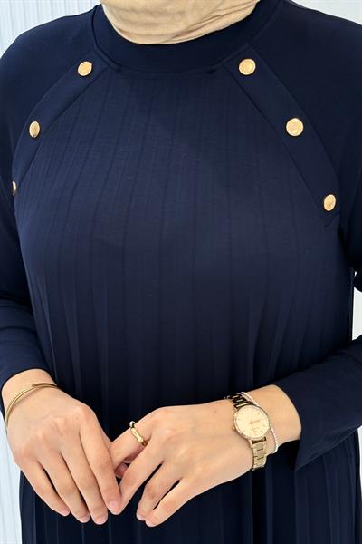 Büyük Beden Omuz Düğme Detaylı Bambu Piliseli Elbise Lacivert OTW6411