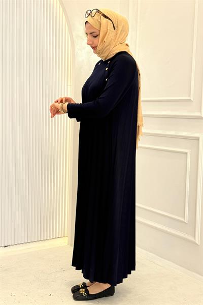 Büyük Beden Omuz Düğme Detaylı Bambu Piliseli Elbise Lacivert OTW6411