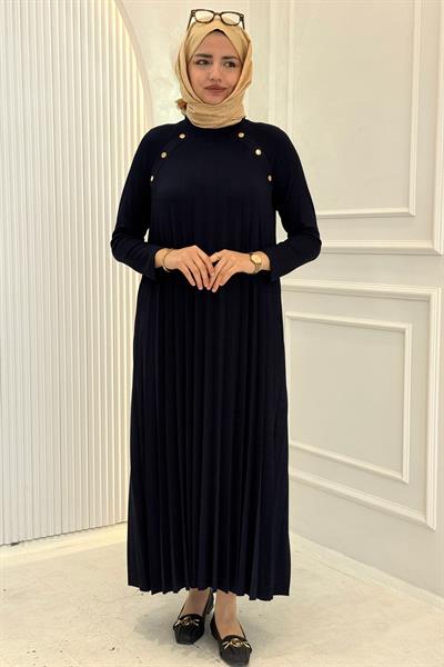 Büyük Beden Omuz Düğme Detaylı Bambu Piliseli Elbise Lacivert OTW6411