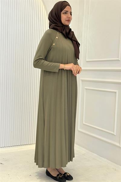 Büyük Beden Omuz Düğme Detaylı Bambu Piliseli Elbise Haki OTW6411