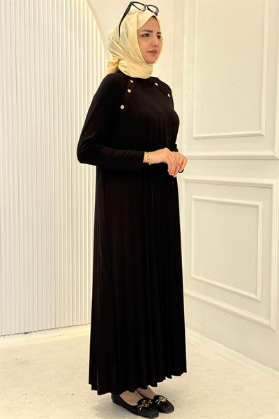 Büyük Beden Omuz Düğme Detaylı Bambu Piliseli Elbise Siyah OTW6411