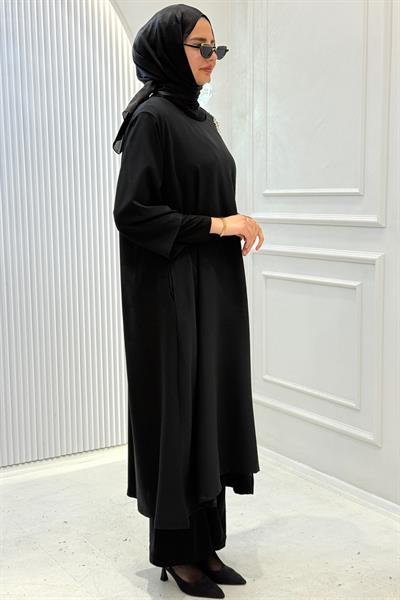 Büyük Beden Omuz İnci İşlemeli Salaş Tunik Elbise Siyah OTW1992