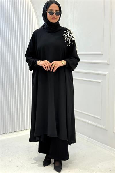 Büyük Beden Omuz İnci İşlemeli Salaş Tunik Elbise Siyah OTW1992