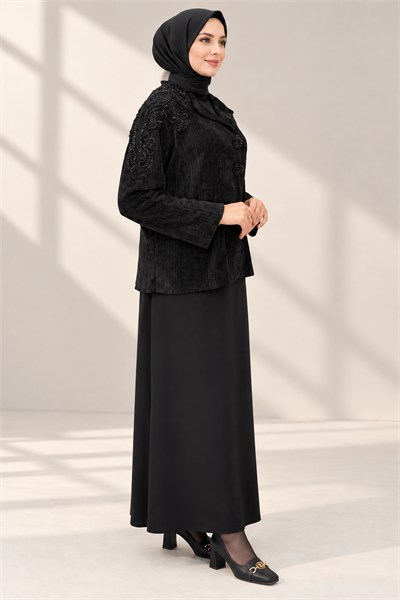 Büyük Beden Omuzları Boncuk İşlemeli Kadife Blazer Ceket Siyah OTW9272