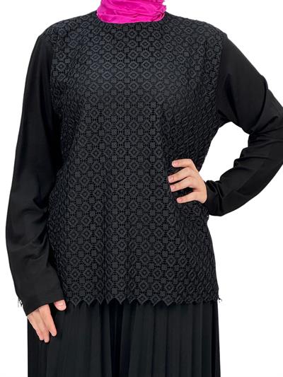 Büyük Beden Önü Nakışlı Bluz Siyah OTW439