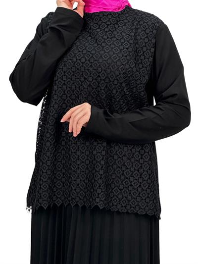 Büyük Beden Önü Nakışlı Bluz Siyah OTW439
