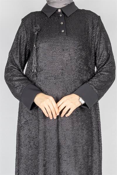 Büyük Beden Örgü File Dokulu Tesettür Elbise Siyah OTW2040