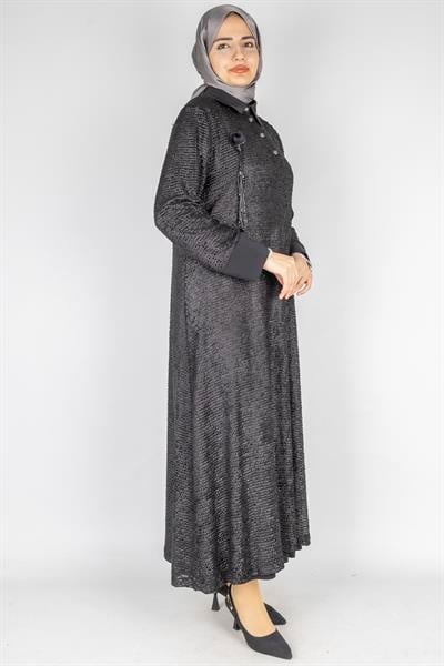 Büyük Beden Örgü File Dokulu Tesettür Elbise Siyah OTW2040