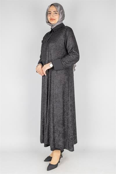 Büyük Beden Örgü File Dokulu Tesettür Elbise Siyah OTW2040