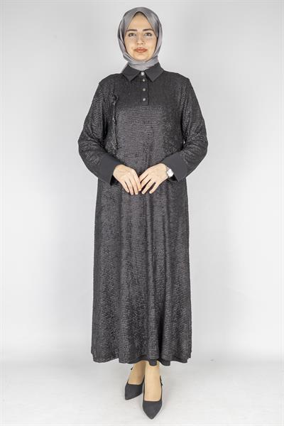 Büyük Beden Örgü File Dokulu Tesettür Elbise Siyah OTW2040