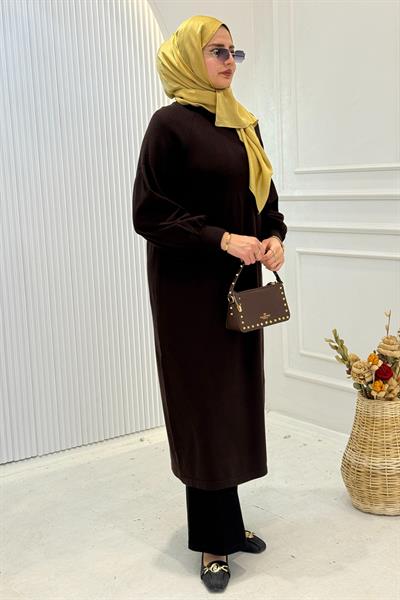 Büyük Beden Örme Triko Elbise Kahve OTW14316