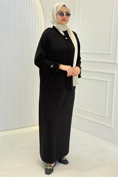 Büyük Beden Örme Triko Etekli Takım Siyah OTW14263