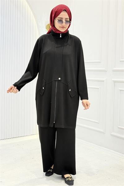 Büyük Beden Oysho Kumaş Fermuarlı Tesettür Takım Siyah OTW332