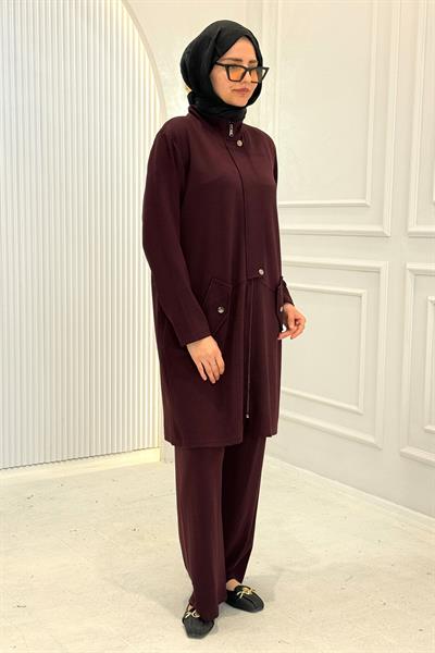 Büyük Beden Oysho Kumaş Fermuarlı Tesettür Takım Bordo OTW332