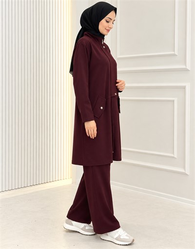 Büyük Beden Oysho Kumaş Fermuarlı Tesettür Takım Bordo OTW332