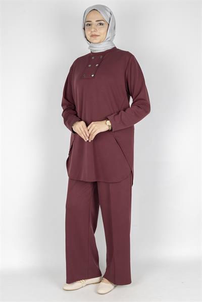 Büyük Beden Oysho Kumaş Spor Pantolonlu Takım Bordo OTW593