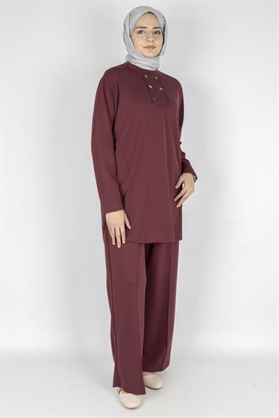 Büyük Beden Oysho Kumaş Spor Pantolonlu Takım Bordo OTW593